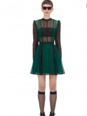 Self-Portrait Black and Green Lace Panel Mini Dress